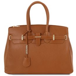 TL Bag Leather handbag with golden hardware (Color: Cognac)