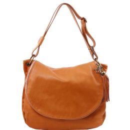 Soft Leather Shoulder Bag with tassel (Color: Cognac)