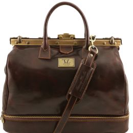 Barcellona  Double-bottom Gladstone Leather Bag (Color: Dark Brown)