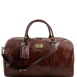 Leather travel duffle bag with pocket on the backside Large Size (Color: Brown)