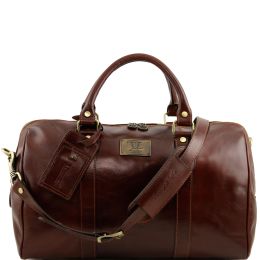 Travel leather duffle bag with pocket on the back side  Small Size (Color: Brown)