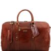 Leather travel bag with front pocket